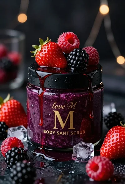 Luxurious dark berry body salt scrub jar with fresh strawberries and raspberries