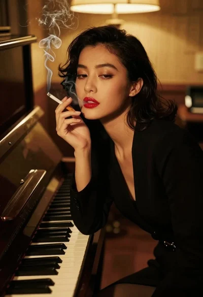 Woman smoking cigarette leaning on upright piano in dim room