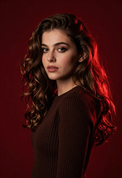 Young woman with wavy brown hair in dark sweater against red background