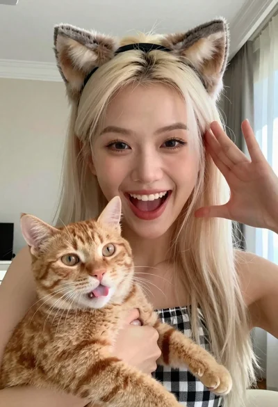 Smiling woman with cat ears holding orange tabby cat