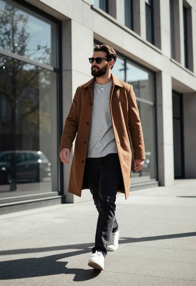 Stylish man walking confidently in modern urban setting under bright sunlight