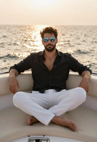 Man relaxing on yacht deck at sunset