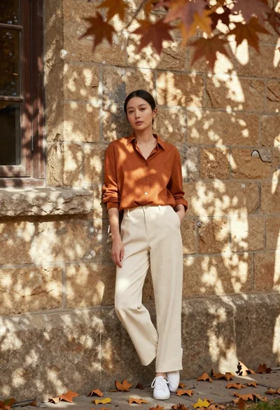 Woman in burnt orange shirt leaning against stone wall with autumn leaves