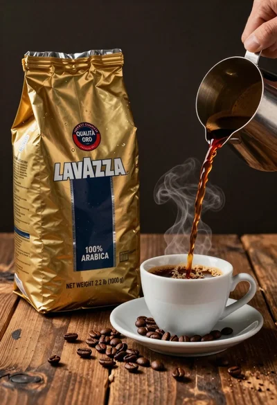 Commercial still life of lavazza coffee bag being poured into cup