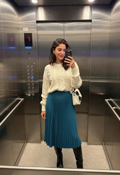 Stylish woman taking a mirror selfie in modern elevator