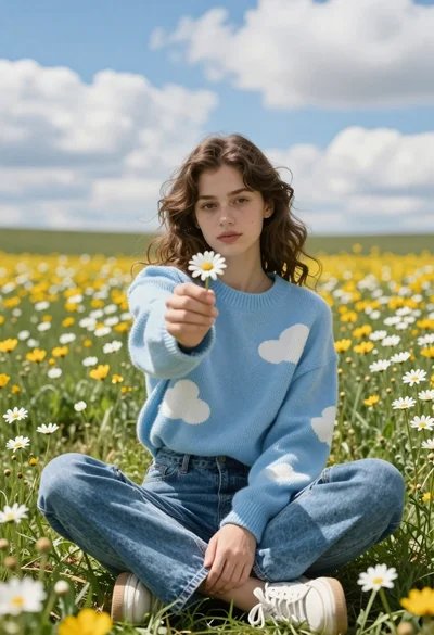 Young woman with brown hair holding daisy in wildflower meadow under blue