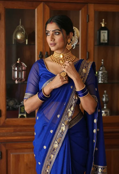 Woman in royal blue saree with gold embroidery standing indoors