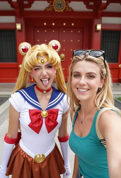 Two women taking a selfie by red temple gate