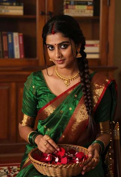 Young woman in green saree holding red petal indoors with books background