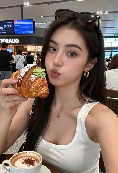 Selfie of young woman with dark hair holding croissant near coffee shop