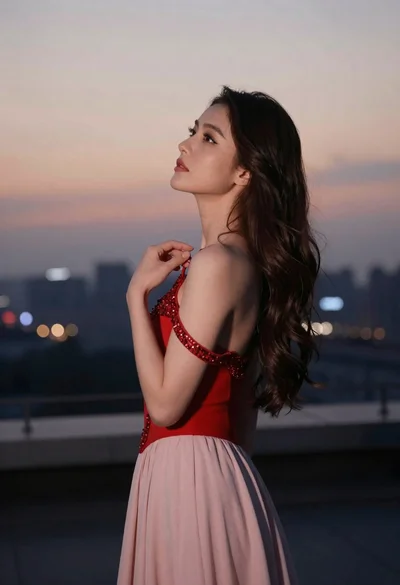 Young woman in red and pink gown on rooftop at twilight