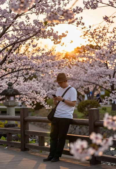Man on wooden bridge surrounded by cherry blossoms at golden sunset