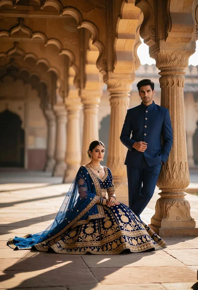 Couple posing elegantly in grand sandstone colonnade with ornate arches