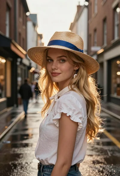 Blonde woman in white blouse on wet european street