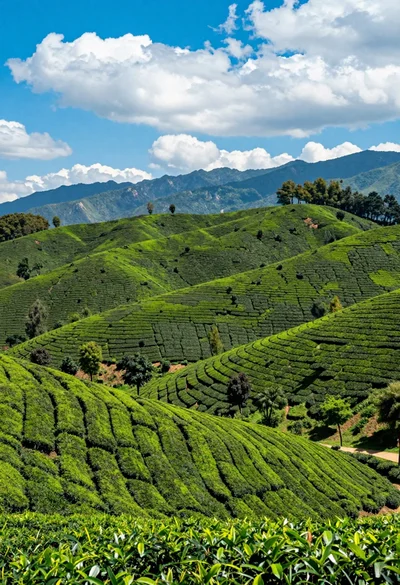 Panoramic view of rolling tea plantations under a bright blue sky