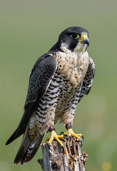 Close up portrait of a falcon perched on wooden stump against green