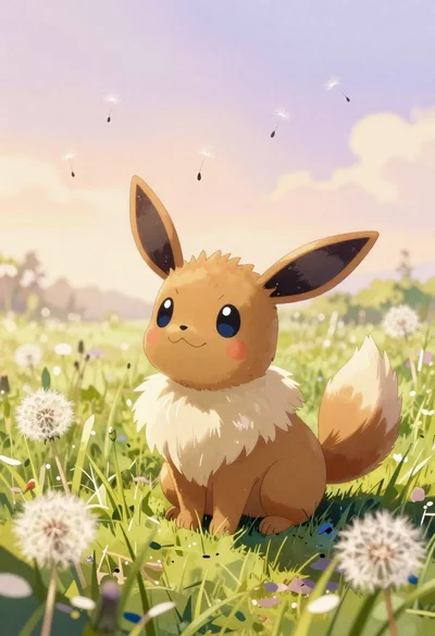 Watercolor painting of evee in a grassy meadow