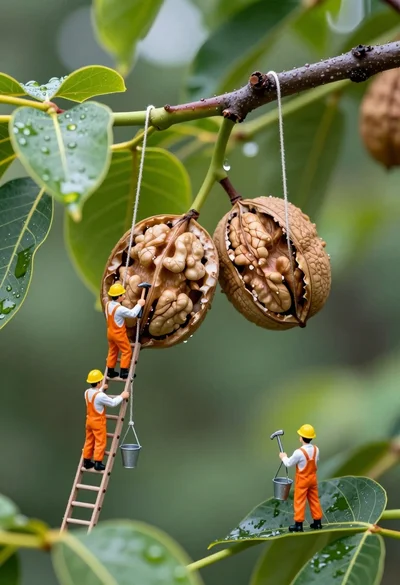 Macro photograph of miniature workers tending giant walnuts in lush forest