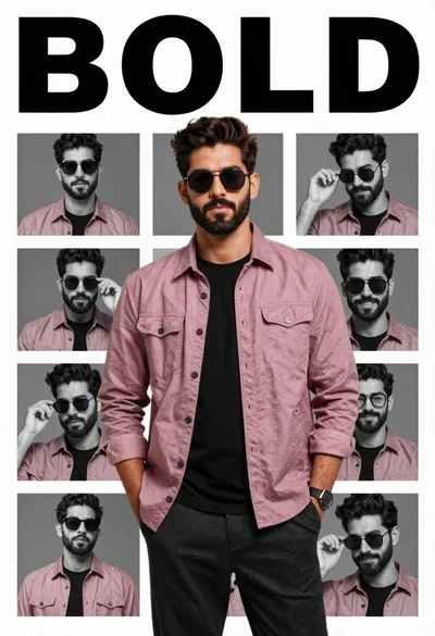 Fashion poster of handsome young man in dusty pink shirt adjusting sunglasses