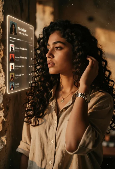 Young woman with dark curly hair viewing glowing digital playlist in dimly