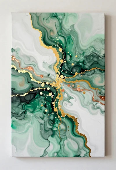 Abstract acrylic paint pour with emerald and gold