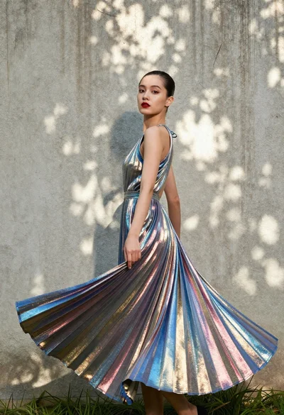 Woman spinning in shimmering pleated gown against textured concrete wall