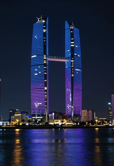 Illuminated twin skyscrapers at night reflecting blue and purple lights on waterfront