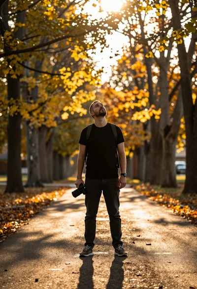 Man standing on tree path looking up at sunlight through autumn leaves