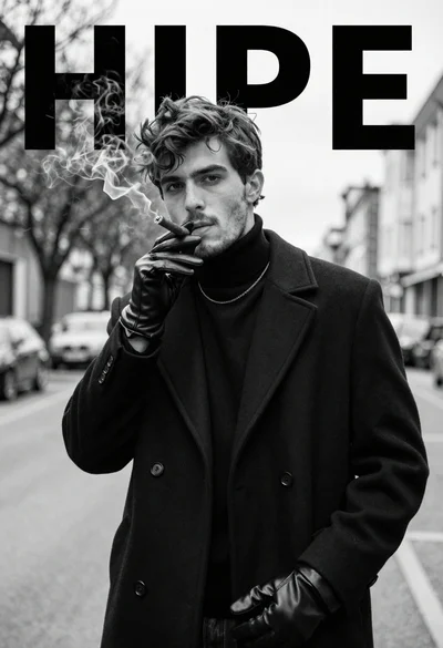 Monochrome portrait of stylish young man in overcoat holding cigar