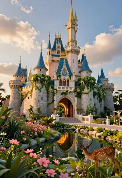 Majestic fairytale castle in a vibrant fantasy garden