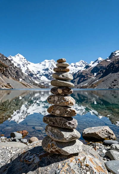 Hyperrealistic view of stone cairn on alpine lake with snow capped mountains