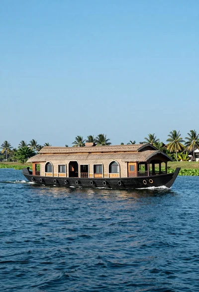 Large traditional houseboat gliding across deep blue water near palm trees