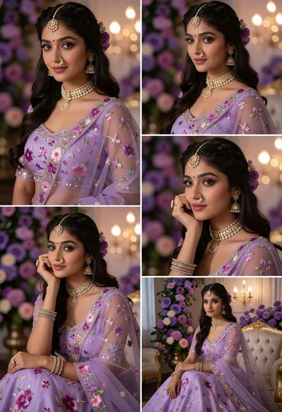 Collage portrait of woman in lavender floral gown with indian jewelry