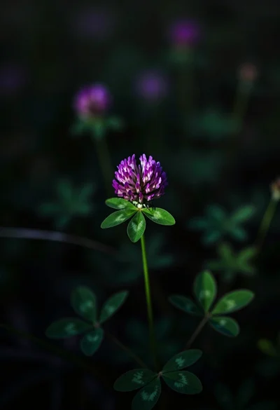 Close up photograph of vibrant purple clover flower on dark moody background