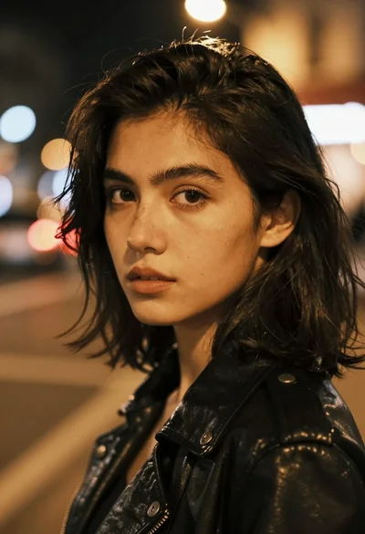 Close up portrait of young woman in black leather jacket on city