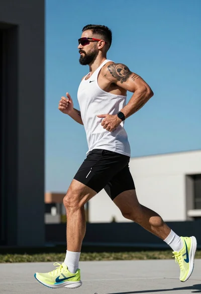 Muscular man running in profile against bright blue sky and modern architecture