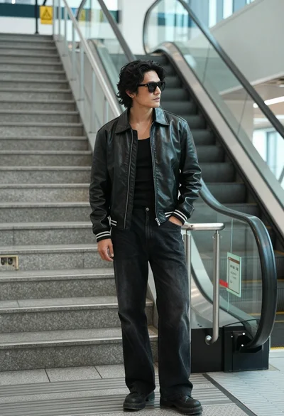 Man in black leather jacket standing in modern indoor transit area