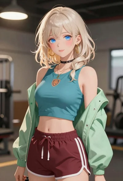 Anime portrait of woman with blonde hair in teal top