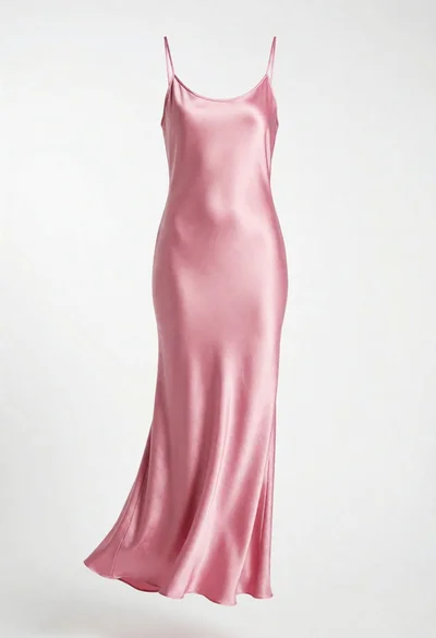 Full length pink satin slip dress hanging against a seamless white studio