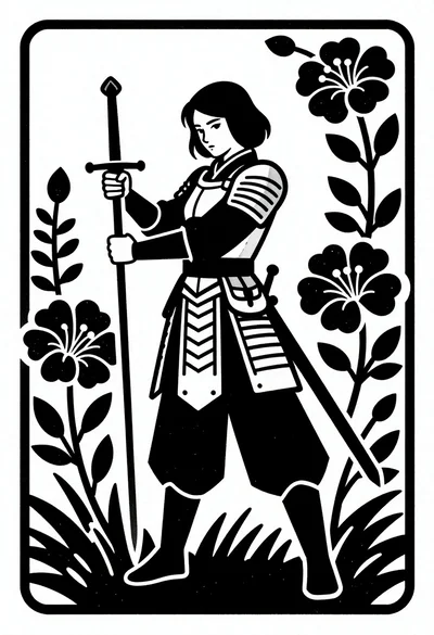 Black and white illustration of warrior with sword
