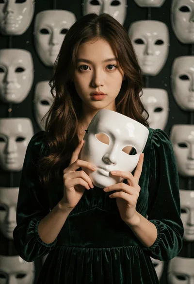 East asian woman holding white mask against dark velvet dress background