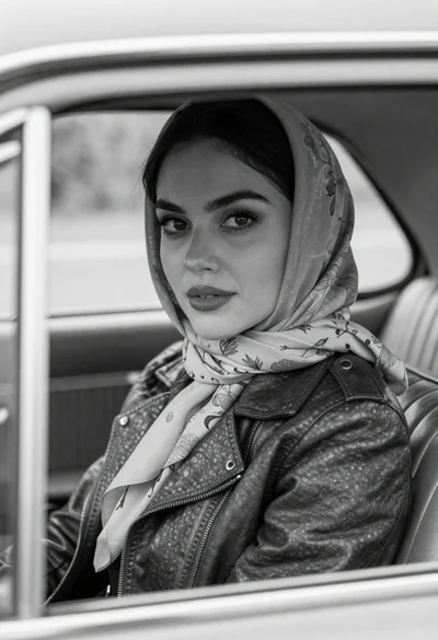 Black and white portrait of woman in vintage car