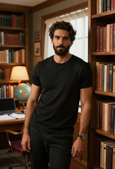 Confident bearded man in black tshirt standing against bookshelf in cozy study