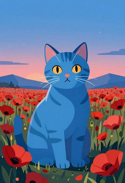 Blue tabby cat in a field of red poppies