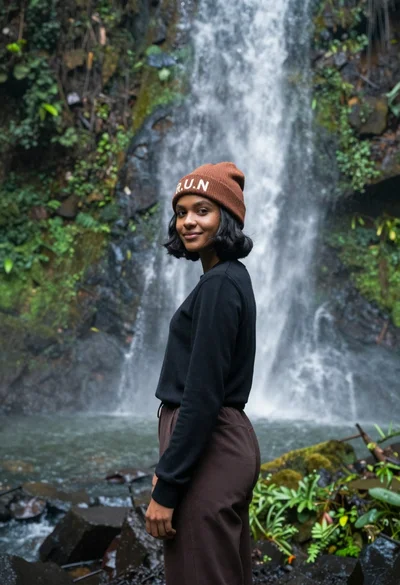 Young woman with dark skin and beanie standing before jungle waterfall