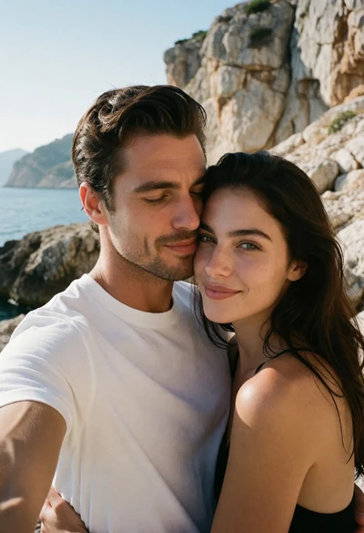 Close up selfie of couple embracing on a rocky coastal cliffside outdoors
