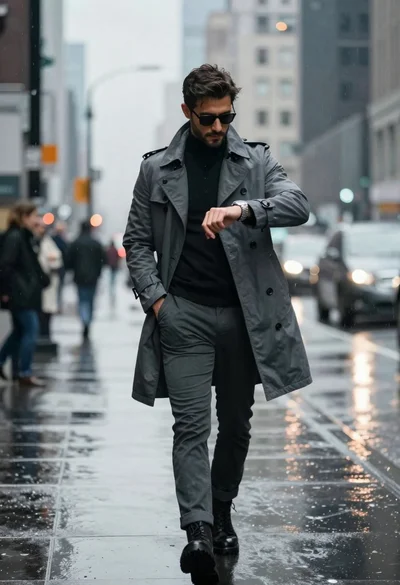 Man walking down a rainy city street at dusk