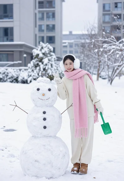 Cheerful woman in knit sweater making peace sign next to snowman
