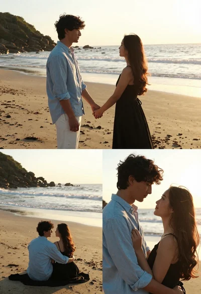 Romantic collage of couple embracing on beach at golden hour sunset