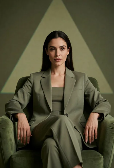 Poised woman in olive suit seated in plush armchair against geometric backdrop
